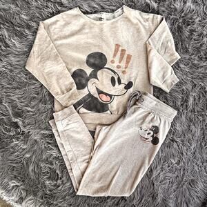 Disney Mickey Mouse 2 Piece Sweatshirt Jogger Sweatpants Set Tan Heather S